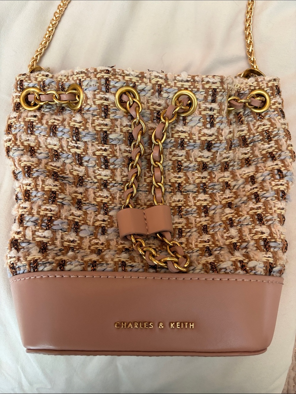 Charles & Keith Pink Tweed Drawstring Bucket Bag with Gold Chain